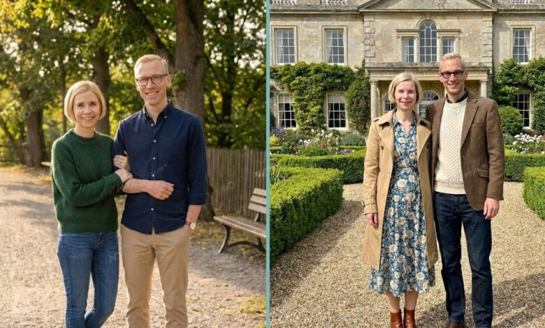 A split collage image showing historian Lucy Worsley and her husband Mark Hines. Left: The couple in casual attire smiling outdoors. Right: The couple posing formally in front of a historic stone building.