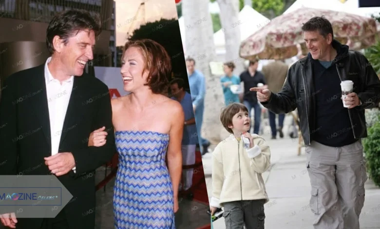 Collage showing Craig Ferguson with his wife Sascha Corwin (left) and walking with his son Milo Hamish Ferguson (right).