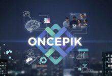 A modern, dynamic collage with "Oncepik" as the central text, surrounded by interconnected icons representing creative brainstorming (brain, color palette, pen tablet), team collaboration (diverse group on video call), and productivity (charts, wifi, secure laptop). The background features a blurred city skyline at night.