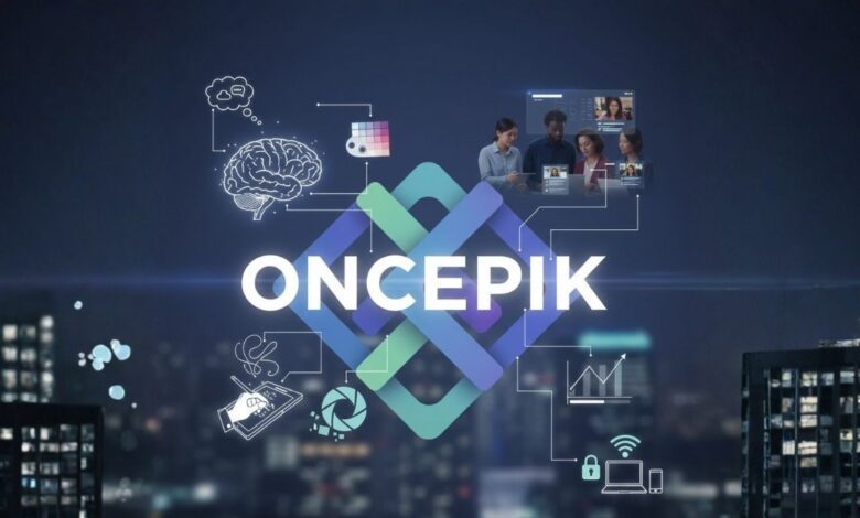 A modern, dynamic collage with "Oncepik" as the central text, surrounded by interconnected icons representing creative brainstorming (brain, color palette, pen tablet), team collaboration (diverse group on video call), and productivity (charts, wifi, secure laptop). The background features a blurred city skyline at night.
