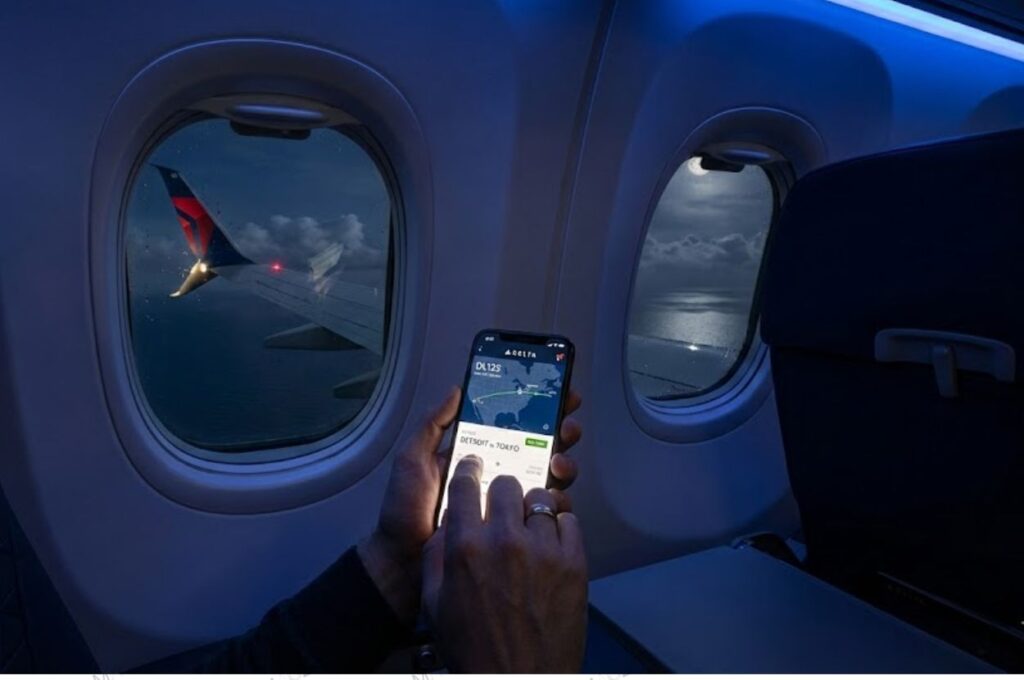 Passenger inside the airplane cabin holding a smartphone and checking the flight diversion map on an app.