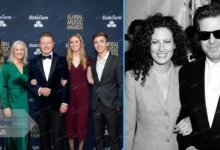 A split-screen comparison featuring Don Henley’s wife Sharon Summerall. Left: The couple with their three children (Annabel, Julia, and Will) at a red carpet event. Right: A vintage black and white photo of young Sharon Summerall and Don Henley in the 1990s.