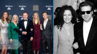 A split-screen comparison featuring Don Henley’s wife Sharon Summerall. Left: The couple with their three children (Annabel, Julia, and Will) at a red carpet event. Right: A vintage black and white photo of young Sharon Summerall and Don Henley in the 1990s.