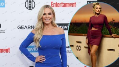 Tamra Judge, star of The Real Housewives of Orange County, poses at a red carpet event. Her portrait reflects her confident personality discussed in the biography.