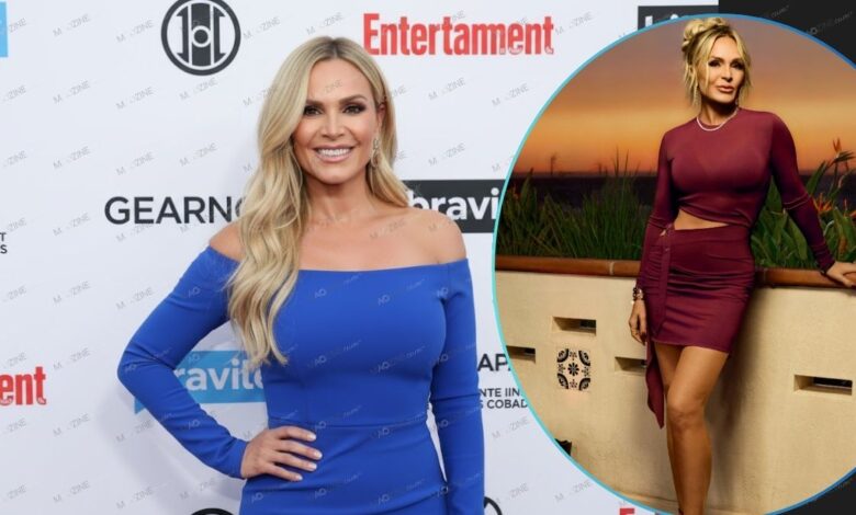 Tamra Judge, star of The Real Housewives of Orange County, poses at a red carpet event. Her portrait reflects her confident personality discussed in the biography.