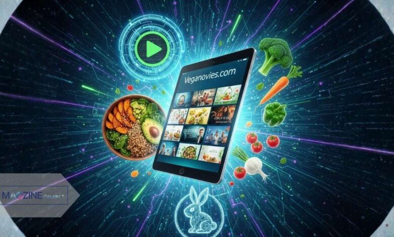 A tablet displaying the Veganovies.com logo, surrounded by vegan food and film elements, representing a vegan media and lifestyle hub.