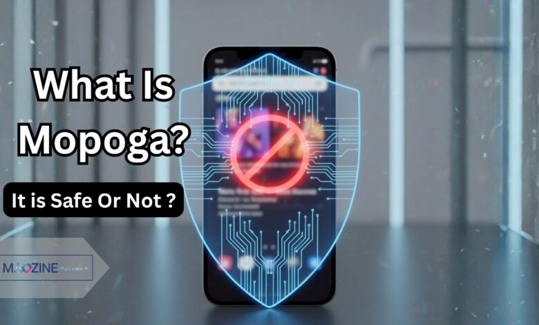 A digital shield with a block symbol over a smartphone, illustrating the question 'What is Mopoga? Is it Safe Or Not?'