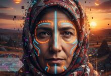 A woman's face, representing the Yürkiyr meaning, blends with a traditional Yörük headscarf and futuristic neon digital patterns over an Anatolian landscape.