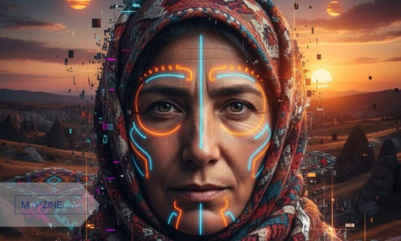 A woman's face, representing the Yürkiyr meaning, blends with a traditional Yörük headscarf and futuristic neon digital patterns over an Anatolian landscape.