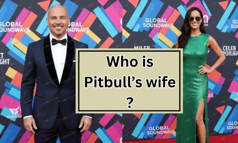 Pitbull on the red carpet next to a woman, with text asking 'Who is Pitbull's wife?', illustrating the public curiosity about his private life.