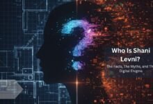 A conceptual image showing a silhouette of a person's head. The left side has a clear technical blueprint (facts), and the right side dissolves into chaotic digital pixels (myths). A glowing question mark is inside the head, asking 'Who Is Shani Levni?'