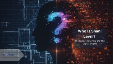 A conceptual image showing a silhouette of a person's head. The left side has a clear technical blueprint (facts), and the right side dissolves into chaotic digital pixels (myths). A glowing question mark is inside the head, asking 'Who Is Shani Levni?'