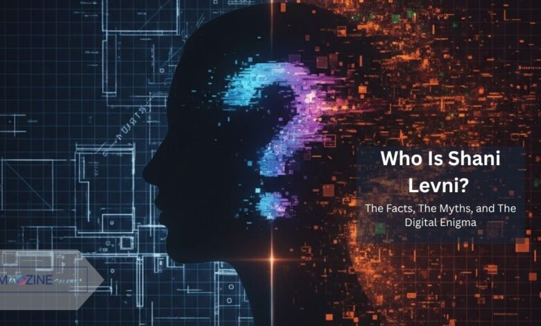 A conceptual image showing a silhouette of a person's head. The left side has a clear technical blueprint (facts), and the right side dissolves into chaotic digital pixels (myths). A glowing question mark is inside the head, asking 'Who Is Shani Levni?'
