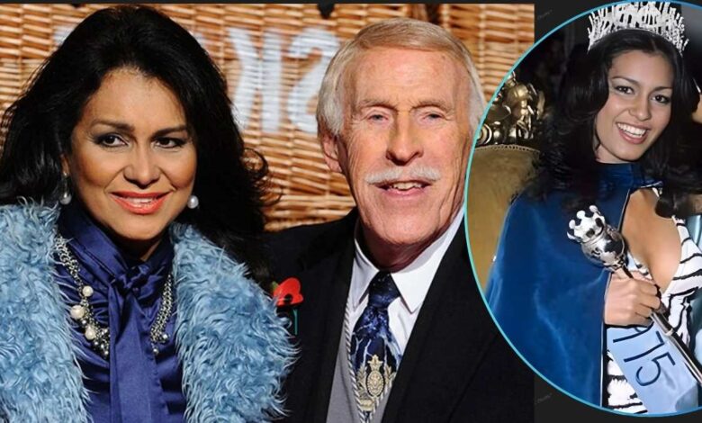 Elegant woman posing beside an older gentleman, with an inset showing her past pageant victory – Wilnelia Merced feature image.