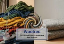 A guide to Woolrec, showing a pile of old wool sweaters on the left being transformed into new recycled wool fabric on the right, illustrating sustainable textile recycling.