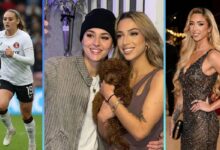 Collage showing GK Barry (Grace Keeling) in a glam dress left, and girlfriend Ella Rutherford playing football for Charlton Athletic right, with a center photo of the couple holding their dog.