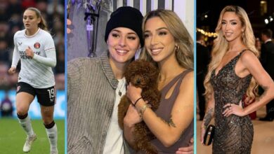 Collage showing GK Barry (Grace Keeling) in a glam dress left, and girlfriend Ella Rutherford playing football for Charlton Athletic right, with a center photo of the couple holding their dog.