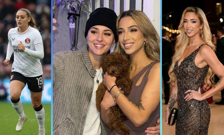 Collage showing GK Barry (Grace Keeling) in a glam dress left, and girlfriend Ella Rutherford playing football for Charlton Athletic right, with a center photo of the couple holding their dog.