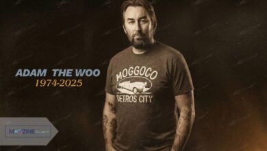 Adam the Woo tribute photo with text 1974-2025 and MagzineCelebs logo.
