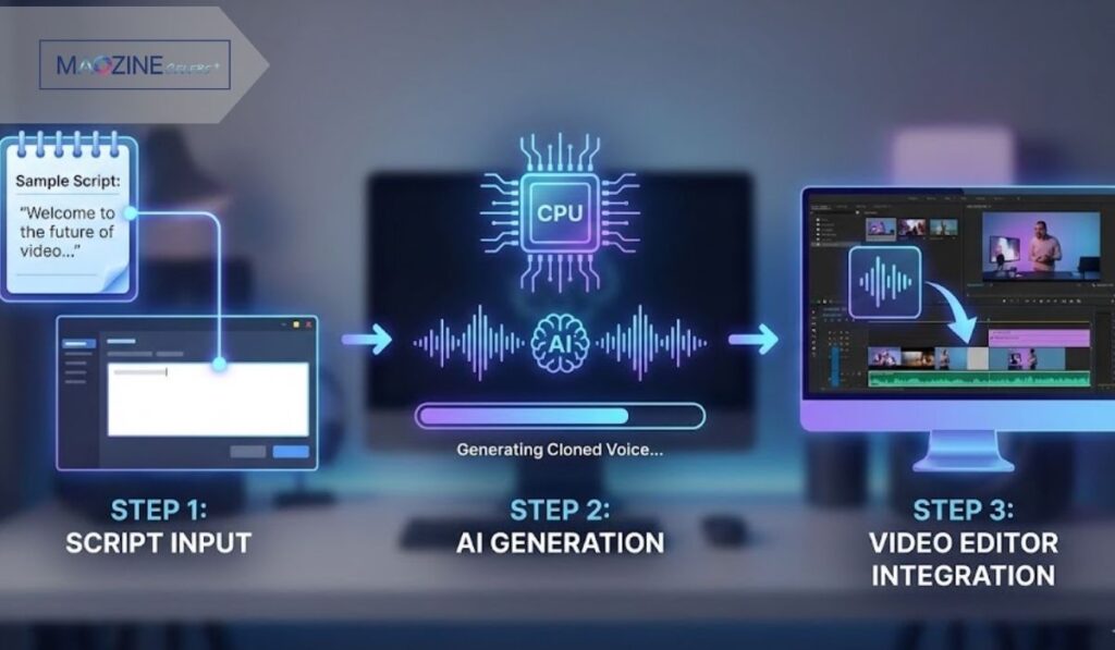 Digital interface displaying sound waves and microphone icon representing AI text-to-speech conversion.