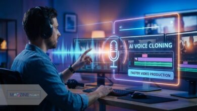 Professional video creator using AI voice cloning software to edit audio waveforms on multiple screens.