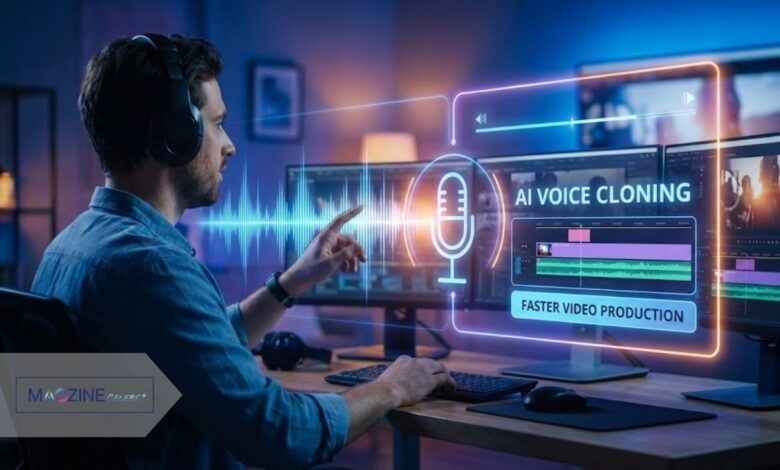 Professional video creator using AI voice cloning software to edit audio waveforms on multiple screens.