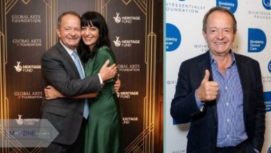 Barry Winkleman smiling with his daughter Claudia Winkleman at a Global Arts Foundation event, alongside a solo photo of Barry Winkleman giving a thumbs up at a Dimbleby Cancer Care fundraiser in London.