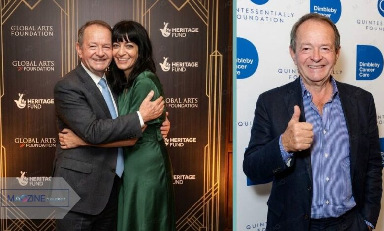 Barry Winkleman smiling with his daughter Claudia Winkleman at a Global Arts Foundation event, alongside a solo photo of Barry Winkleman giving a thumbs up at a Dimbleby Cancer Care fundraiser in London.