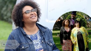 Collage showing a rare recent photo of Billie Henry (left) wearing glasses and a denim jacket, contrasted with a childhood photo (right) standing with parents Dawn French and Sir Lenny Henry at a wedding in 2005.