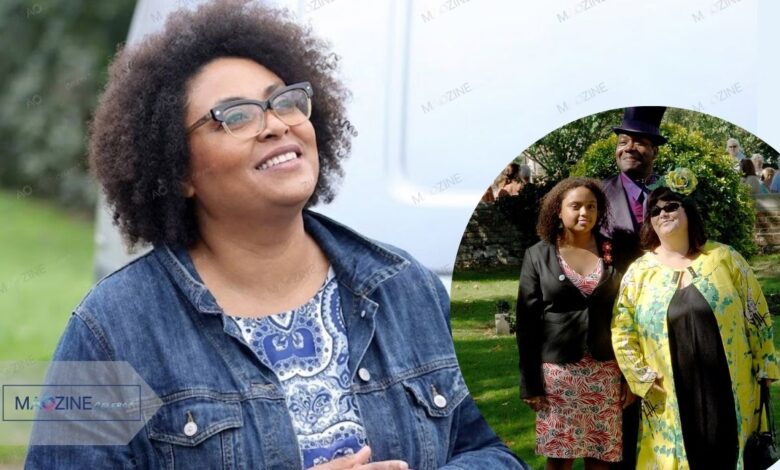 Collage showing a rare recent photo of Billie Henry (left) wearing glasses and a denim jacket, contrasted with a childhood photo (right) standing with parents Dawn French and Sir Lenny Henry at a wedding in 2005.