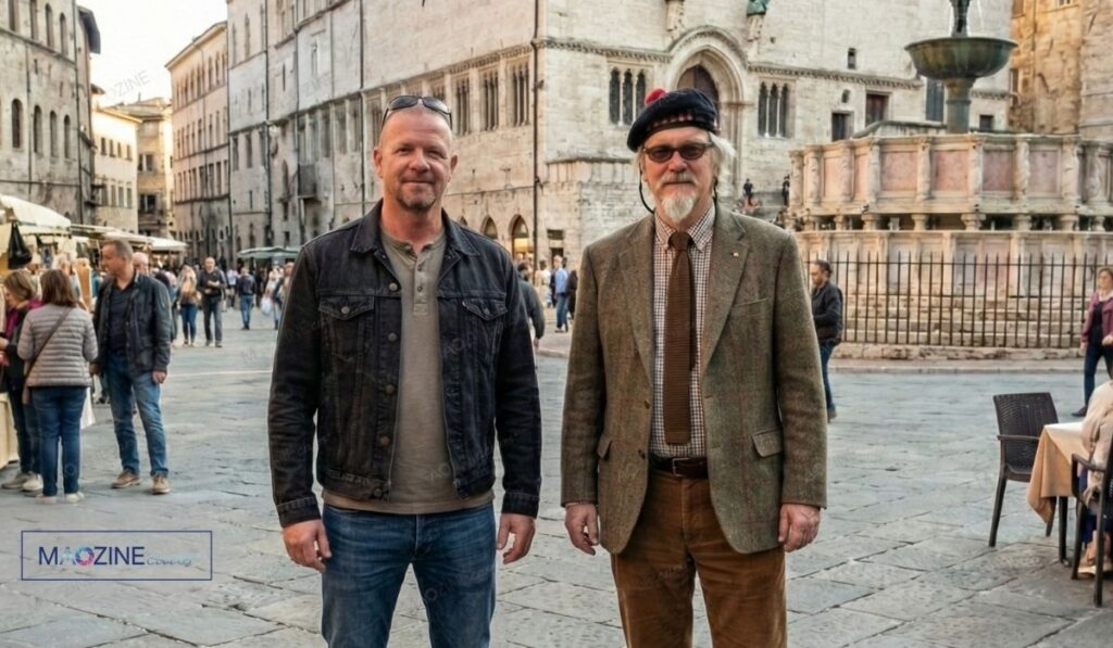 Sir Billy Connolly standing with his eldest son Jamie Connolly in a European town square, both looking relaxed and happy.