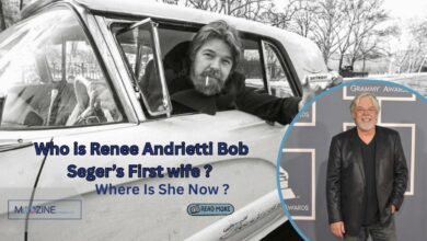 A collage featuring a vintage photo of a young Bob Seger in a car and a recent photo of him at an awards show, with text overlay asking "Who is Renee Andrietti Bob Seger’s First wife? Where Is She Now?".