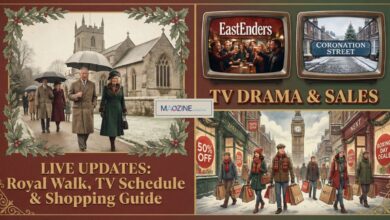 A promotional graphic titled "LIVE UPDATES: Royal Walk, TV Schedule & Shopping Guide". The top left shows King Charles III, Queen Camilla, and other Royal Family members walking with umbrellas towards a church in the rain. The top right features retro TV sets with logos for "EastEnders" and "Coronation Street" above the text "TV DRAMA & SALES". The bottom right depicts a bustling London shopping street with people carrying "SALE" bags outside stores like Zara and Next, with Big Ben in the background.
