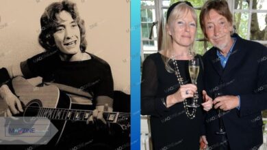 Collage showing young Chris Rea playing guitar (left) and recent photo of Chris Rea with his wife Joan Lesley (right) celebrating their 57-year marriage.