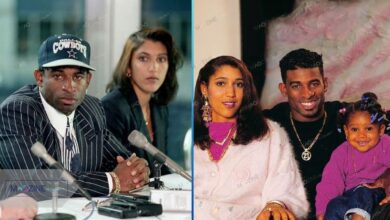 Collage showing Deion Sanders in a Dallas Cowboys cap with wife Carolyn Chambers at a press conference (left), and the couple smiling with their young daughter Deiondra Sanders (right).
