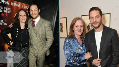 A split photograph showing actor Tom Hardy with his artist mother, Elizabeth Anne Hardy, at the Bronson film premiere (left), and a solo portrait of Elizabeth Anne Hardy highlighting her elegance as a painter (right).