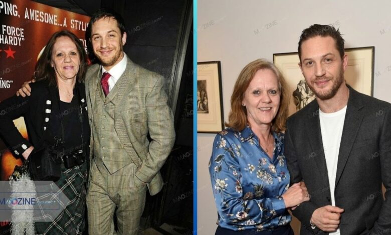 A split photograph showing actor Tom Hardy with his artist mother, Elizabeth Anne Hardy, at the Bronson film premiere (left), and a solo portrait of Elizabeth Anne Hardy highlighting her elegance as a painter (right).