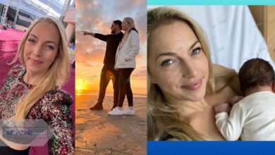 Emma Vardy biography collage showing her on the red carpet, posing with husband Aaron Adams on a beach, and holding her baby son Jago Fionn.