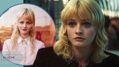 Esther McGregor with blonde hair and bangs playing Isabel in the movie Babygirl