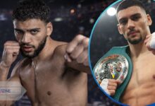 A side-by-side composition showing Hamzah Sheeraz in a boxing stance and holding his championship belt.