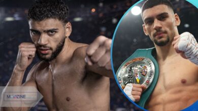 A side-by-side composition showing Hamzah Sheeraz in a boxing stance and holding his championship belt.