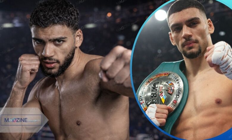 A side-by-side composition showing Hamzah Sheeraz in a boxing stance and holding his championship belt.