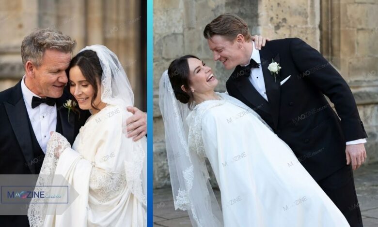Collage of Holly Ramsay wedding: Emotional moment with father Gordon Ramsay (left) and laughing with husband Adam Peaty in her white bridal cape dress at Bath Abbey (right).