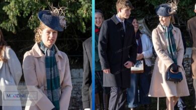 Lady Louise Windsor wearing a beige Prada coat standing next to her brother James Earl of Wessex.