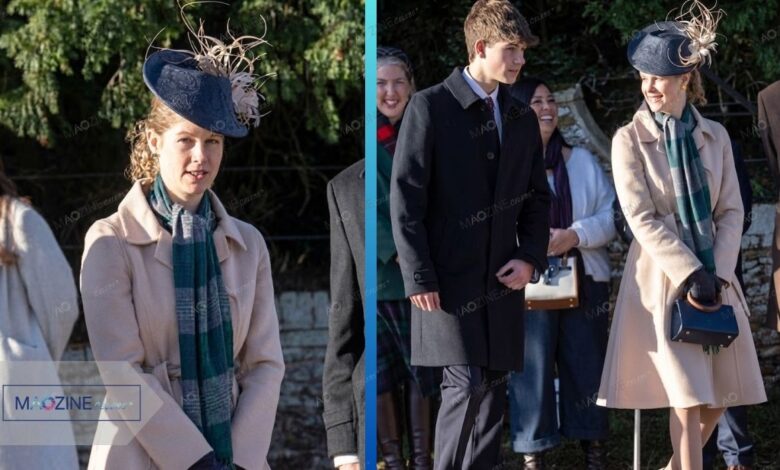 Lady Louise Windsor wearing a beige Prada coat standing next to her brother James Earl of Wessex.