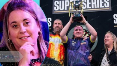 Lisa Littler smiling portrait (left) and standing with her son Luke Littler holding a trophy and partner Anthony Buckley (right) celebrating a win.