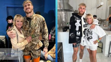 Collage of Logan Paul and Jake Paul posing affectionately with their mother Pam Stepnick. Left: Logan and Pam in camouflage outfits. Right: Jake and Pam hugging in a kitchen.
