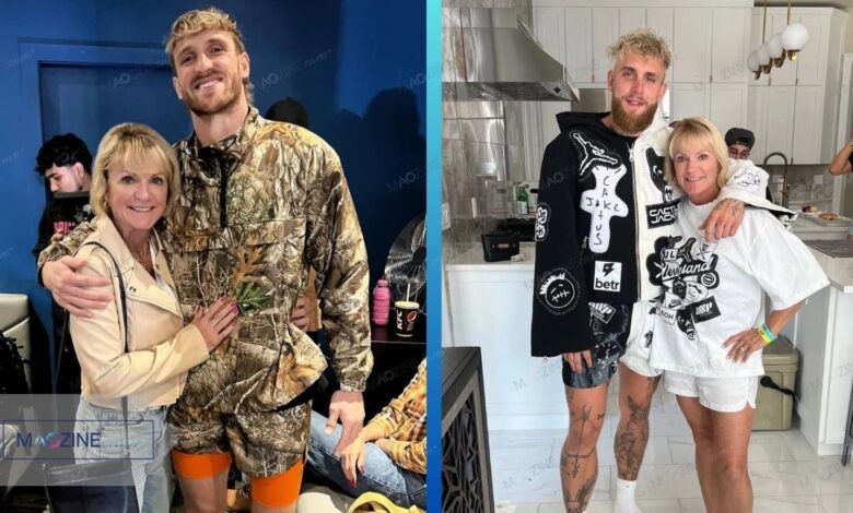 Collage of Logan Paul and Jake Paul posing affectionately with their mother Pam Stepnick. Left: Logan and Pam in camouflage outfits. Right: Jake and Pam hugging in a kitchen.