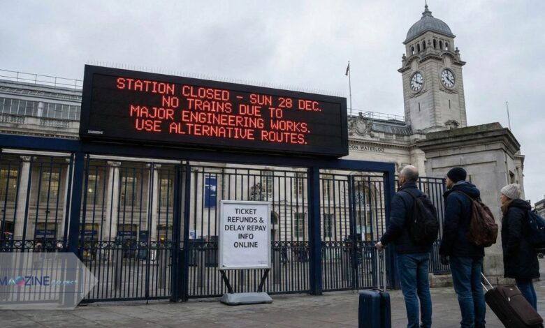 Passengers with luggage stand outside the closed entrance of London Waterloo station on Sunday 28 December. A large digital sign reads "STATION CLOSED - NO TRAINS DUE TO MAJOR ENGINEERING WORKS"