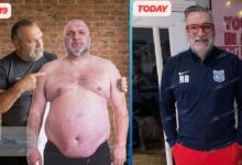 Neil Razor Ruddock weight loss transformation comparison 2019 vs 2025. Left side showing him at 27 stone holding a cutout, right side showing his 11 stone weight loss after gastric sleeve surgery.
